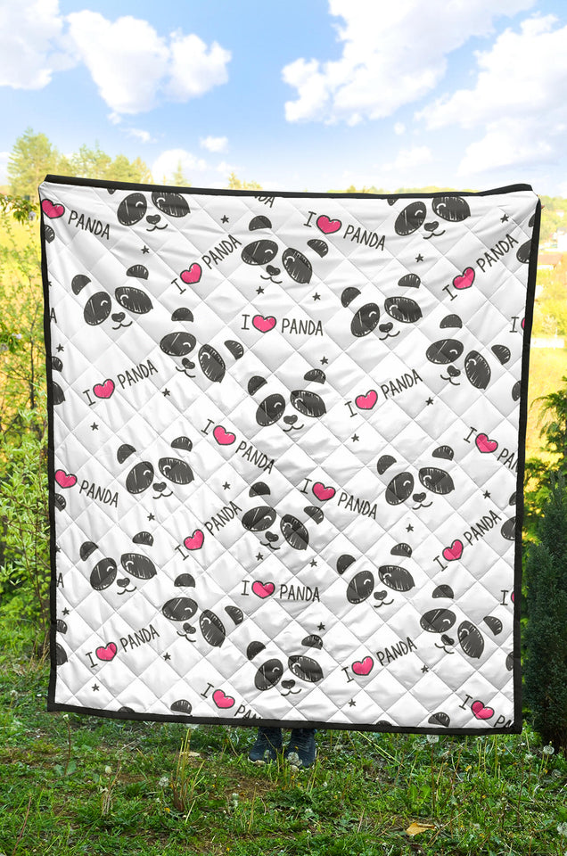 Hand Drawn Faces Of Pandas Pattern Premium Quilt