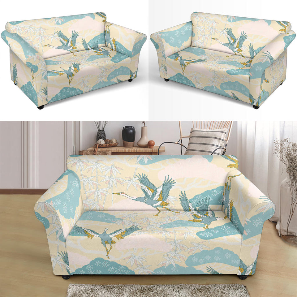 Bonsai Bamboo Stork Japanese Pattern Cream Theme Loveseat Couch Slipcover