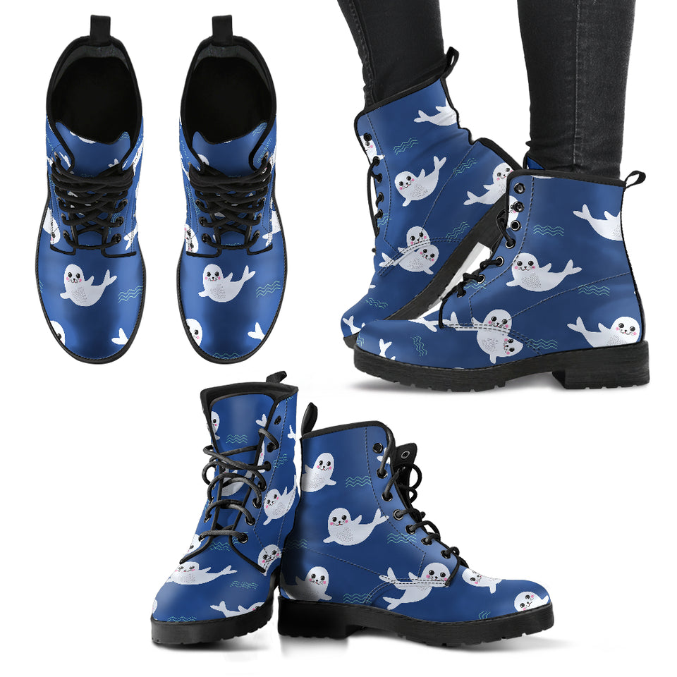 Cute White Baby Sea Lion Seal Pattern Leather Boots