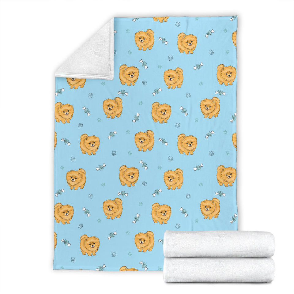 Brown Cute Pomeranian Blue Blackground Premium Blanket