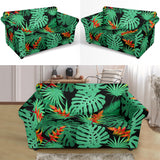 Heliconia Flower Palm Monstera Leaves Black Background Loveseat Couch Slipcover