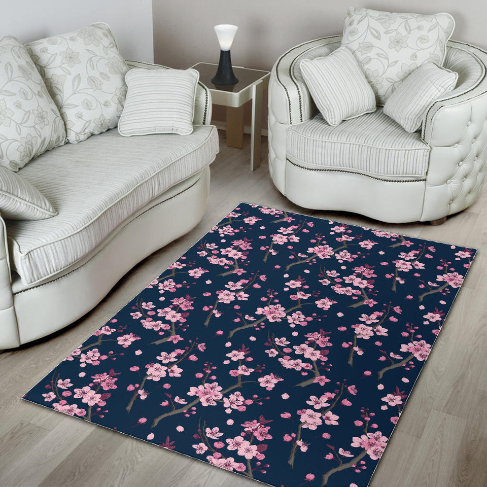 Pink Sakura Cherry Blossom Blue Background Area Rug