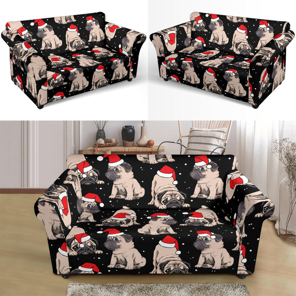 Christmas Pugs Santa_S Red Cap Pattern Loveseat Couch Slipcover