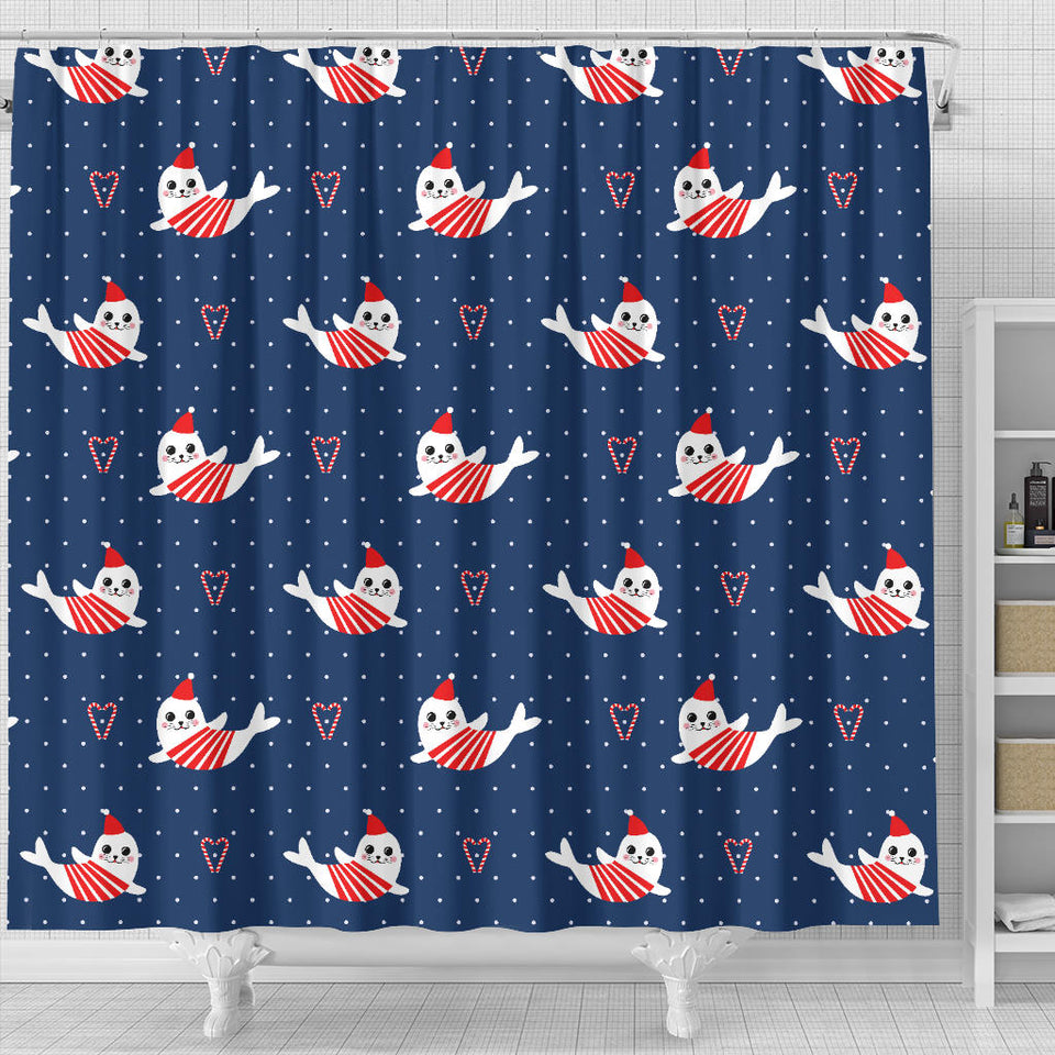 Cute Sea Lion Seal Christmas Hat Candy Cane Heart Pattern Shower Curtain Fulfilled In US