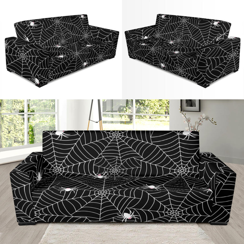 Spider Web Design Pattern Black Background White Cobweb Sofa Slipcover