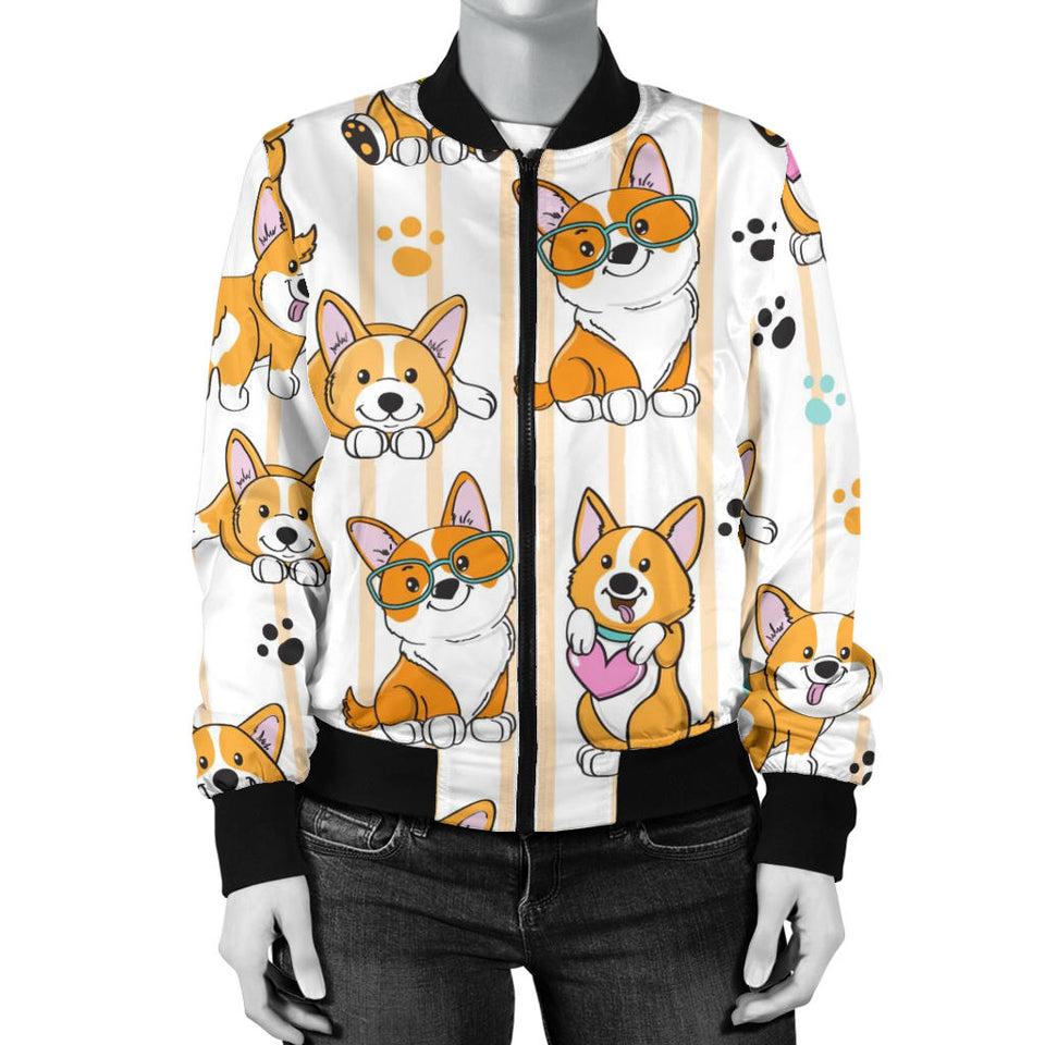 Cute Dog Corgi Striped Background Pattern Women'S Bomber Jacket