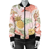 Pink Flamingo Birds Pineapples Hibiscus Flower Pattern Women'S Bomber Jacket