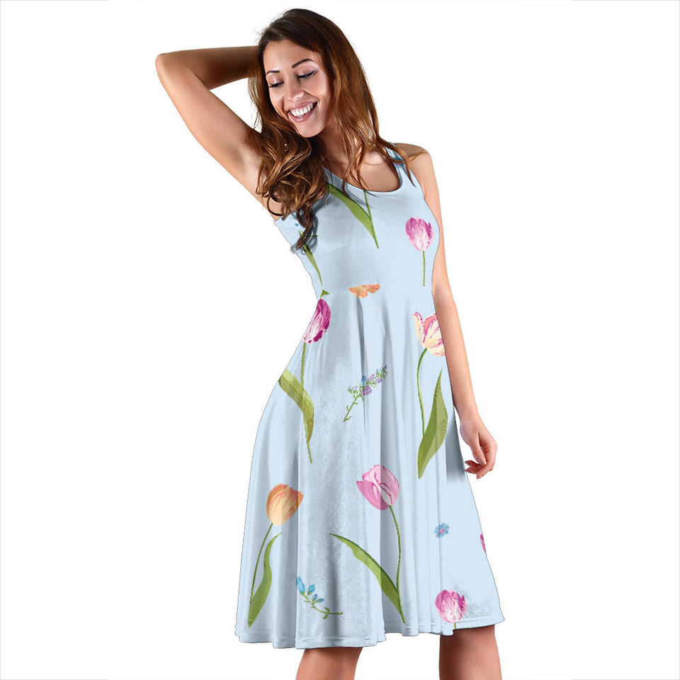 Watercolor Tulips Pattern Sleeveless Midi Dress
