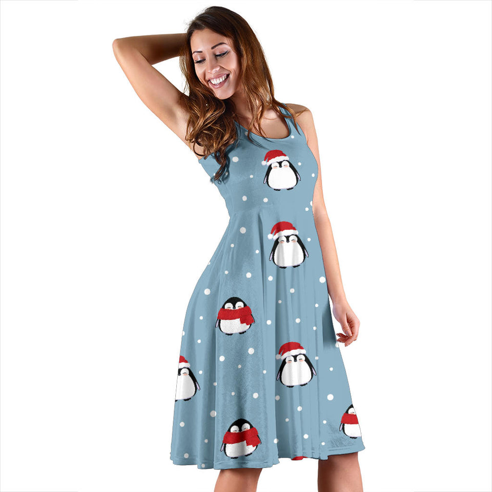 Cute Penguin Christmas Snow Pattern Sleeveless Midi Dress