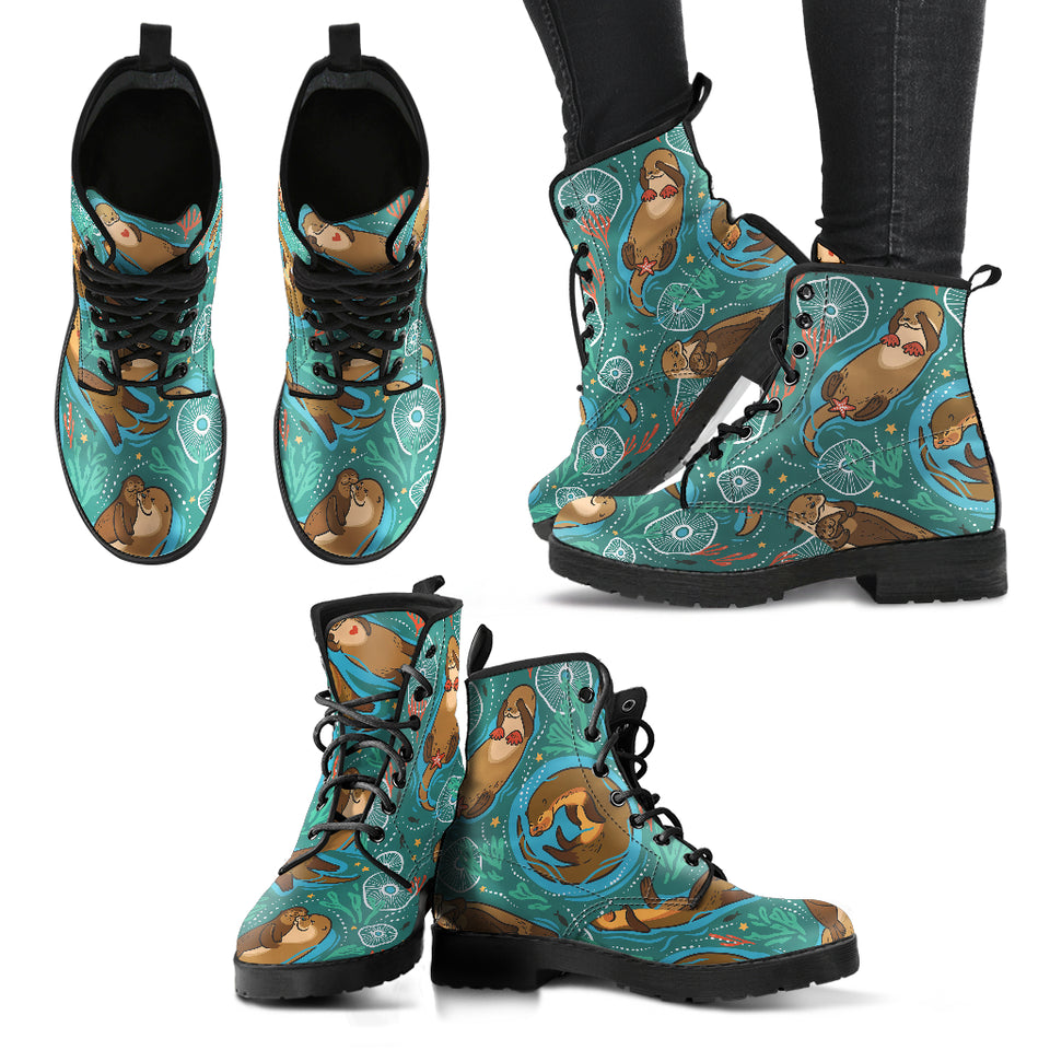 Cute Brown Sea Otters Ornamental Seaweed Corals Green Water Leather Boots