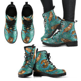 Cute Brown Sea Otters Ornamental Seaweed Corals Green Water Leather Boots