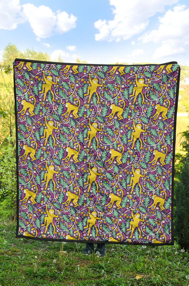 Cute Yellow Monkey Leaves Pattern Premium Quilt