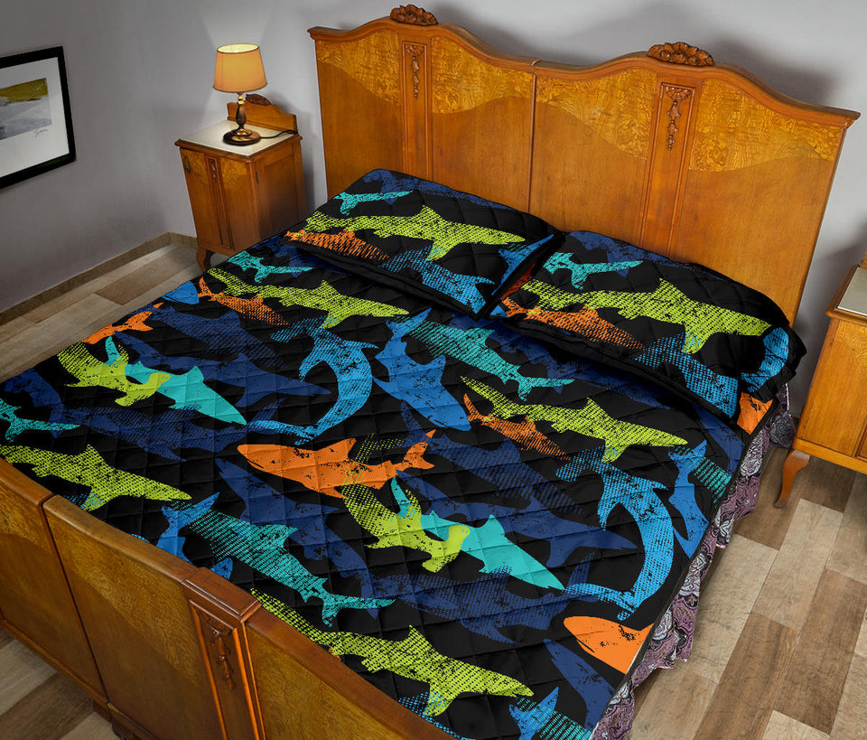 Colorful shark Quilt Bed Set
