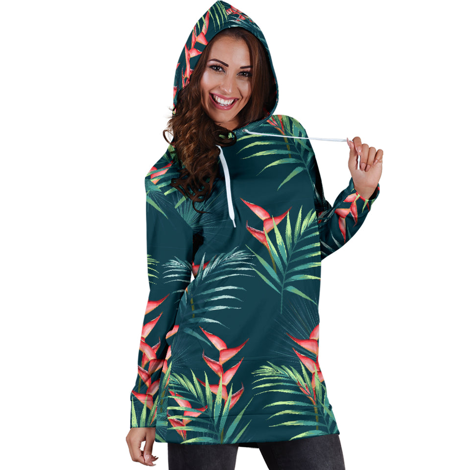 Heliconia Flowers, Palm And Monstera Leaves On Black Background Pattern Women'S Hoodie Dress