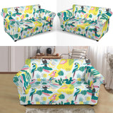 Cute Parrot Toucan Flamingo Cactus Exotic Leaves Pattern Loveseat Couch Slipcover