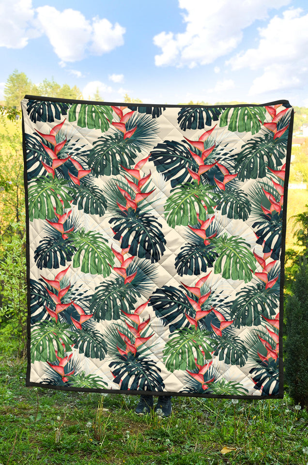 Heliconia Flowers, Palm And Monstera Leaves Premium Quilt