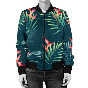 Heliconia Flowers, Palm And Monstera Leaves On Black Background Pattern Women'S Bomber Jacket