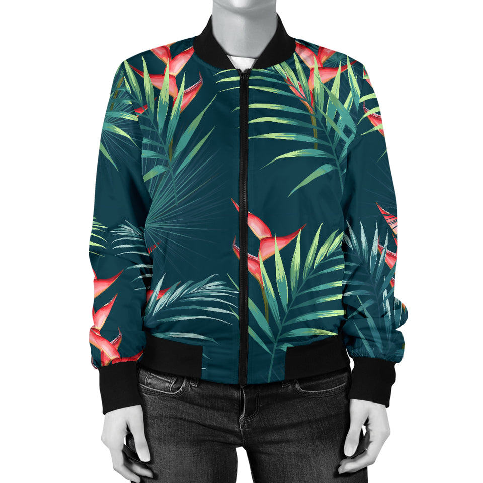 Heliconia Flowers, Palm And Monstera Leaves On Black Background Pattern Women'S Bomber Jacket
