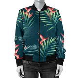 Heliconia Flowers, Palm And Monstera Leaves On Black Background Pattern Women'S Bomber Jacket