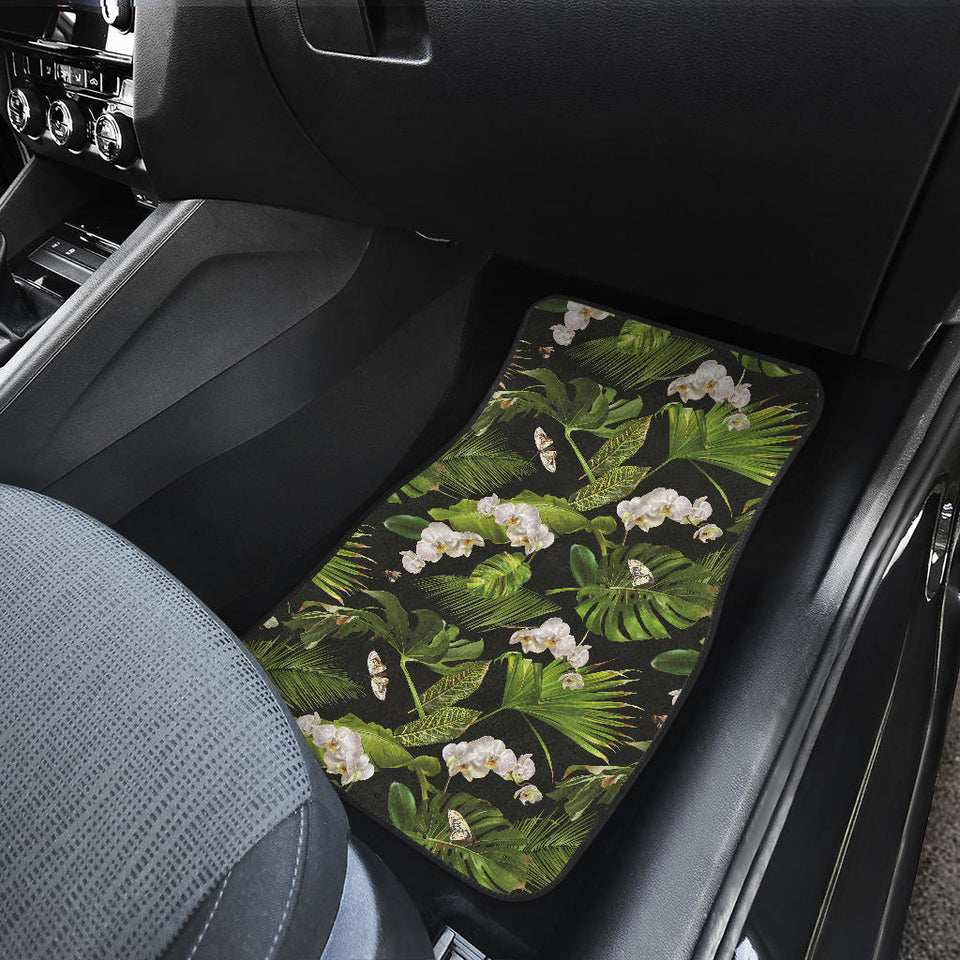 White Orchid Flower Tropical Leaves Pattern Blackground Front Car Mats