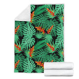 Heliconia Flower Palm Monstera Leaves Black Background Premium Blanket