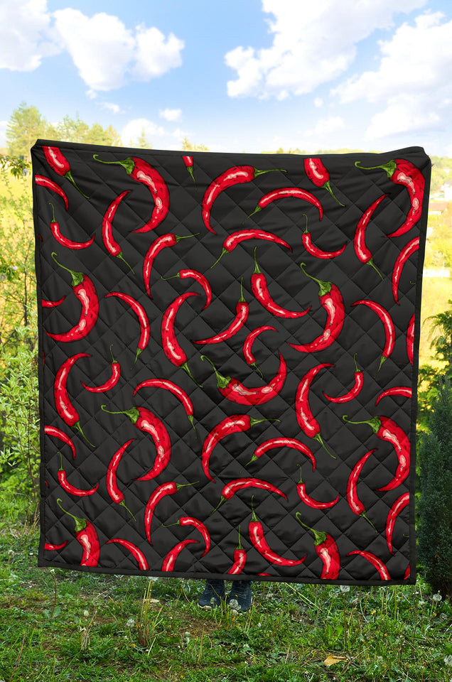 Chili Peppers Pattern Black Background Premium Quilt