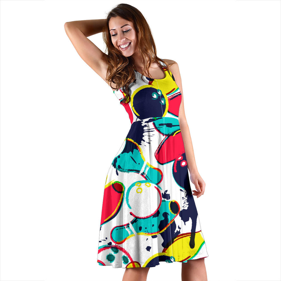 Watercolor Bowling Ball Pins Sleeveless Midi Dress