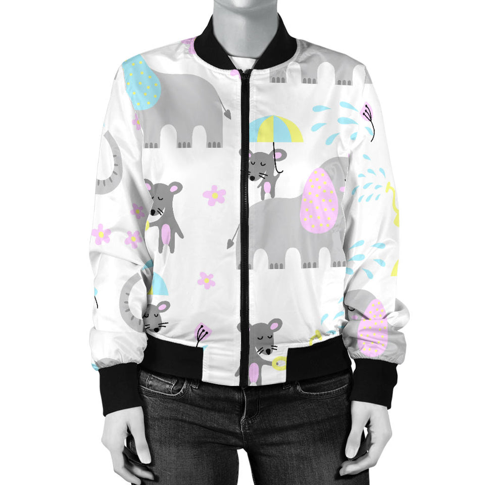 Cute Elephant Mouse Pattern Women'S Bomber Jacket