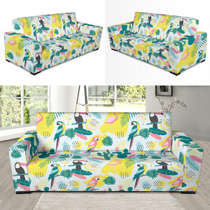 Cute Parrot Toucan Flamingo Cactus Exotic Leaves Pattern Sofa Slipcover