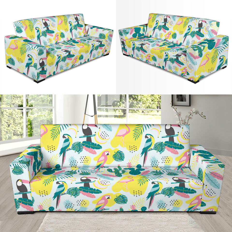 Cute Parrot Toucan Flamingo Cactus Exotic Leaves Pattern Sofa Slipcover