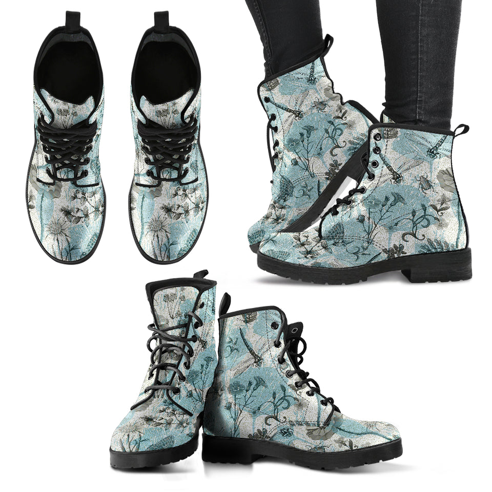 Dragonfly Butterfly Plants Insect Flower Vintage Style Pattern Leather Boots