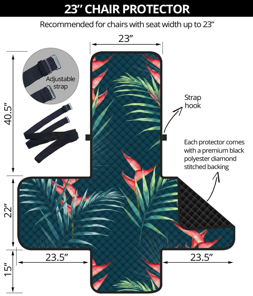 heliconia flowers, palm and monstera leaves on black background pattern Chair Cover Protector