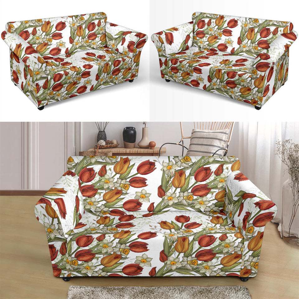 Red Tulips And Daffodils Pattern Loveseat Couch Slipcover