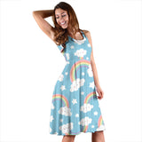 Cute Rainbow Clound Star Pattern Blue Background Sleeveless Midi Dress