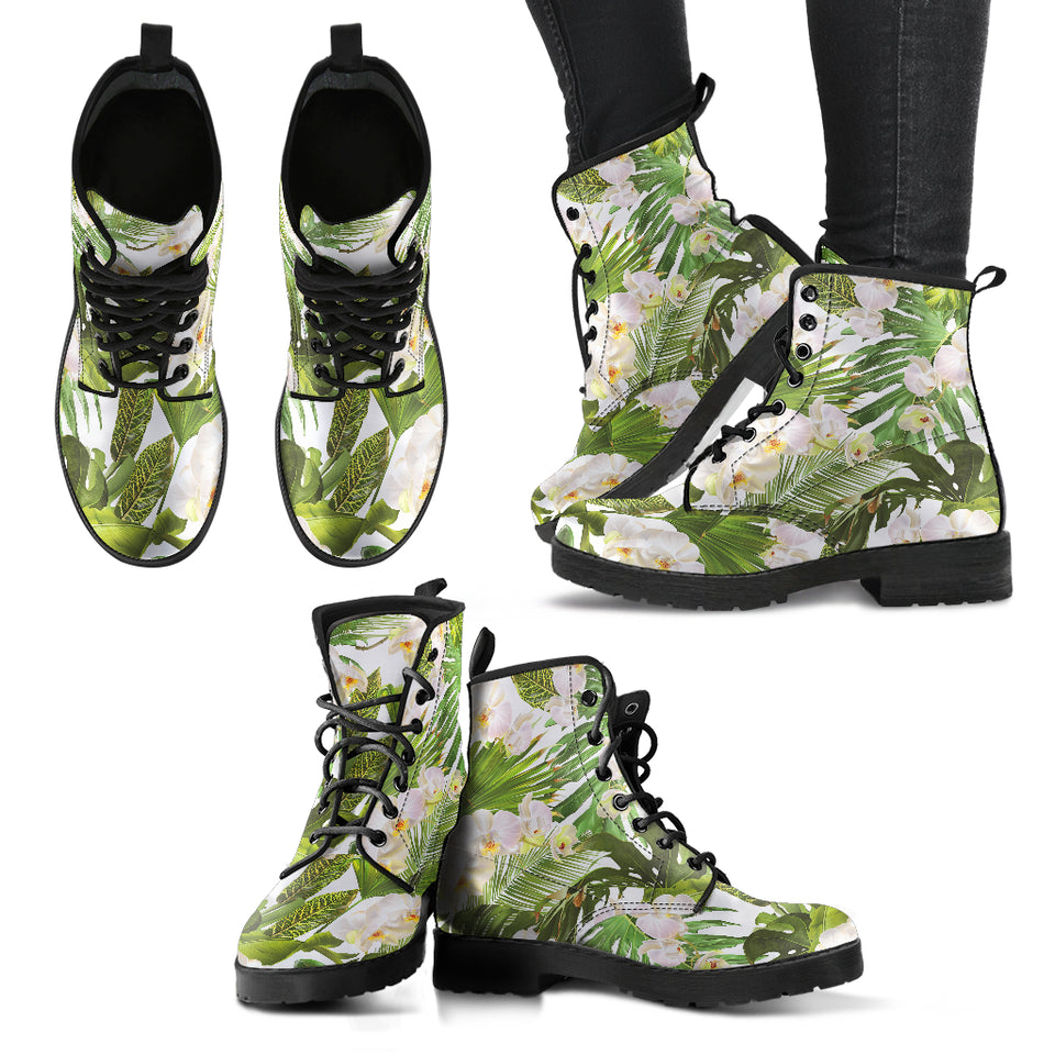 White Orchid Flower Tropical Leaves Pattern Leather Boots