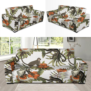 Monkey Red Hibiscus Flower Palm Leaves Floral Pattern Sofa Slipcover