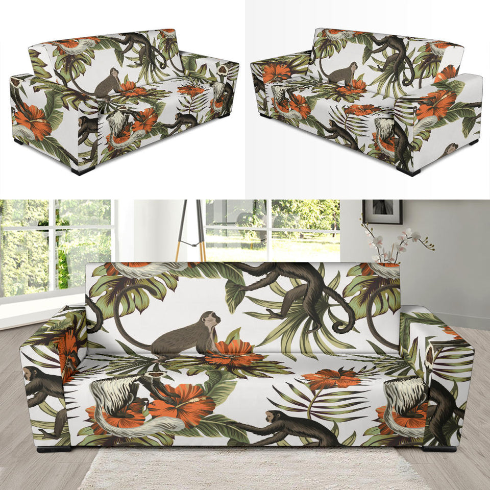 Monkey Red Hibiscus Flower Palm Leaves Floral Pattern Sofa Slipcover