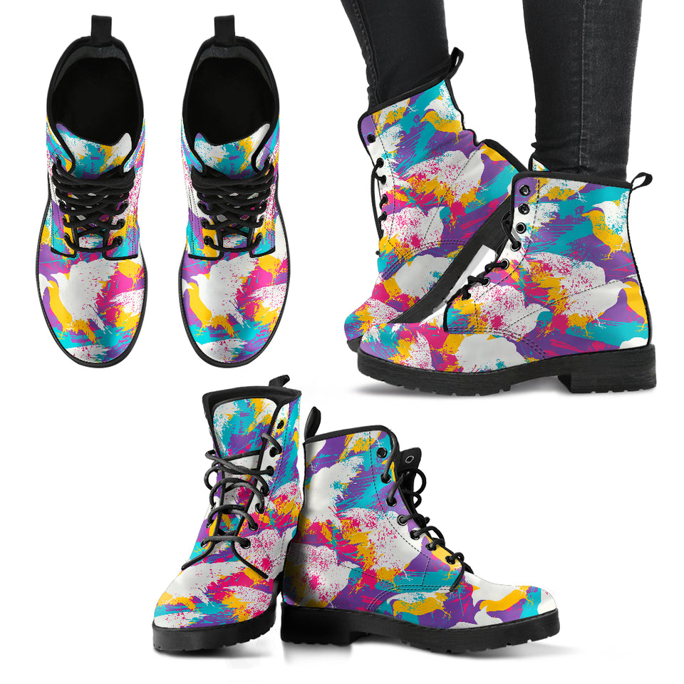 Colorful Crow Illustration Pattern Leather Boots