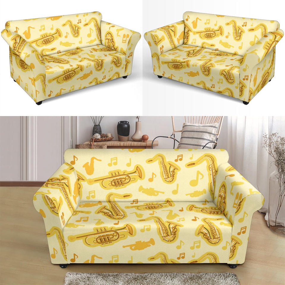 Saxophone Cornet Pattern Yellow Background Loveseat Couch Slipcover