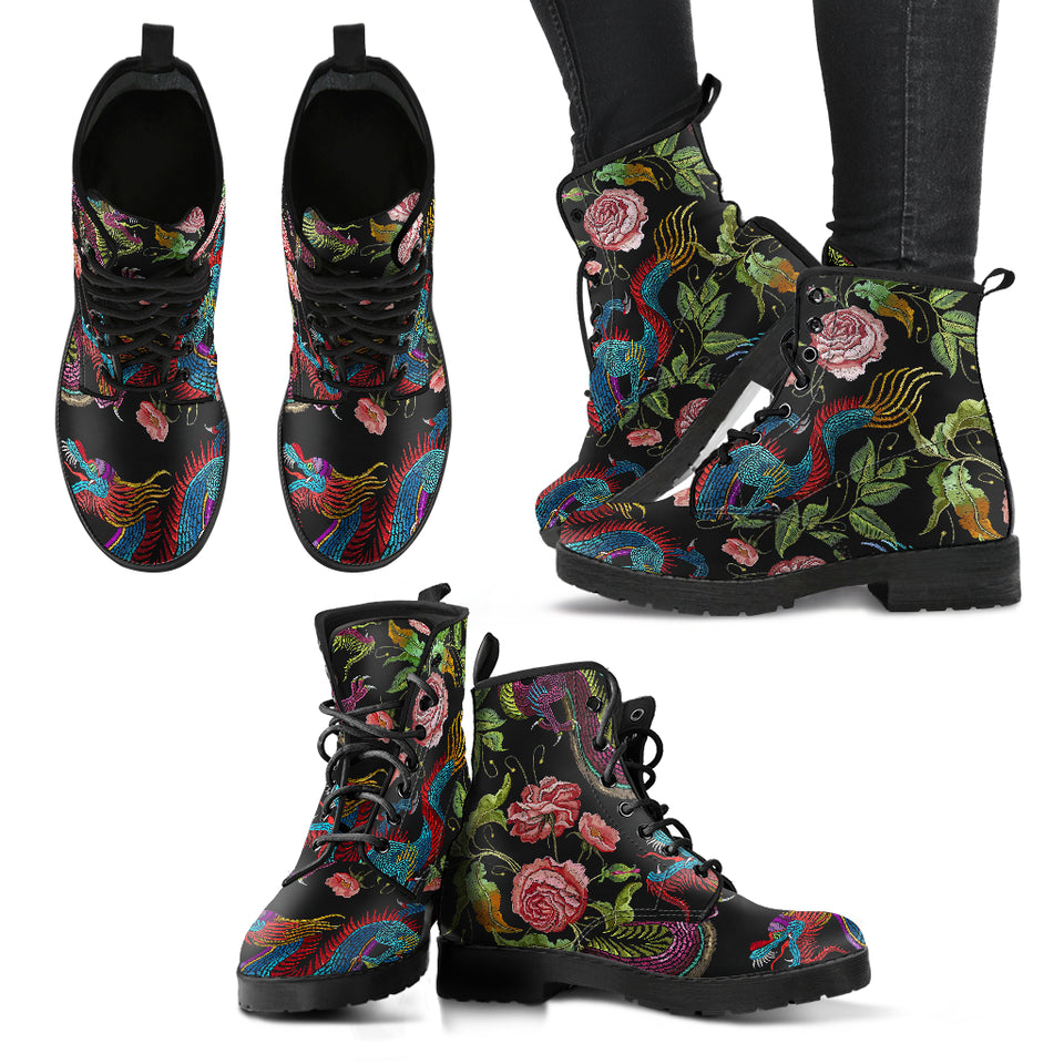 Dragons Flower Pattern Leather Boots