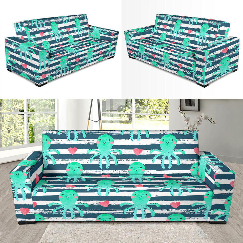 Cute Octopuses Heart Striped Background Sofa Slipcover