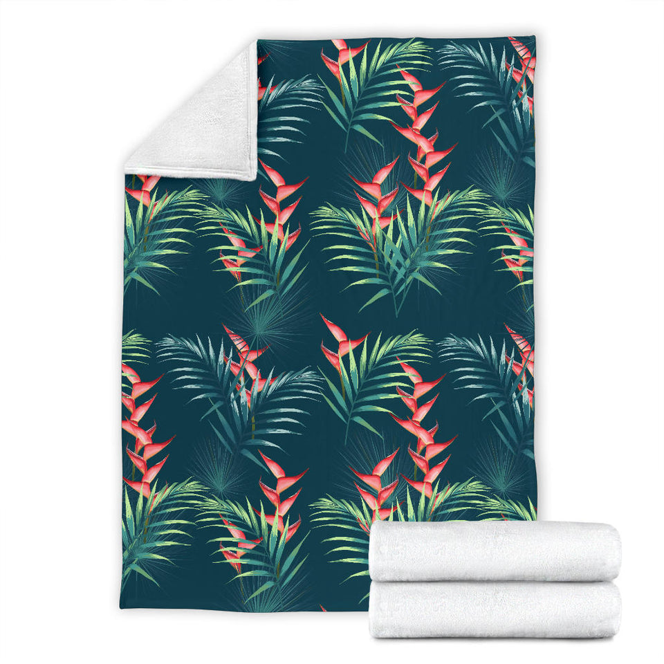 Heliconia Flowers, Palm And Monstera Leaves On Black Background Pattern Premium Blanket