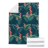 Heliconia Flowers, Palm And Monstera Leaves On Black Background Pattern Premium Blanket