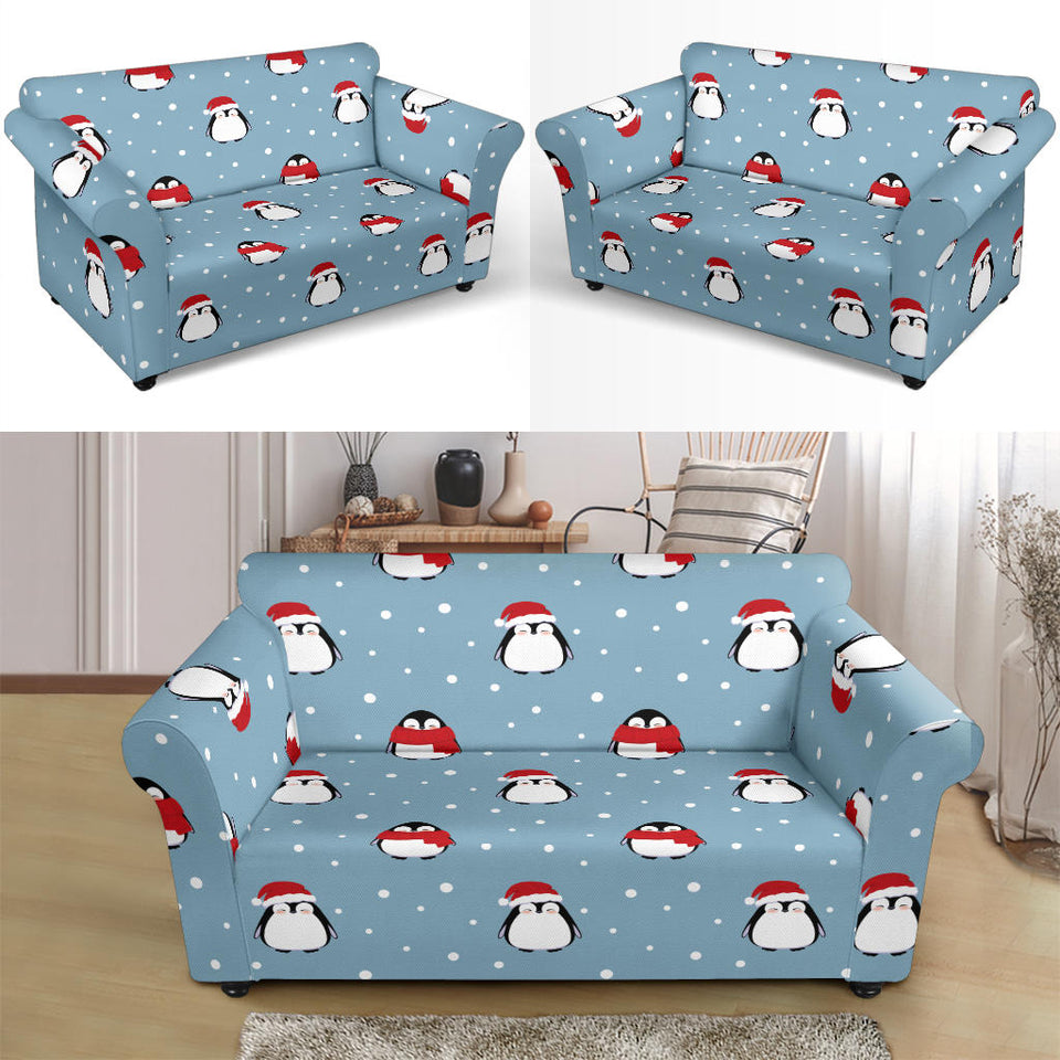 Cute Penguin Christmas Snow Pattern Loveseat Couch Slipcover