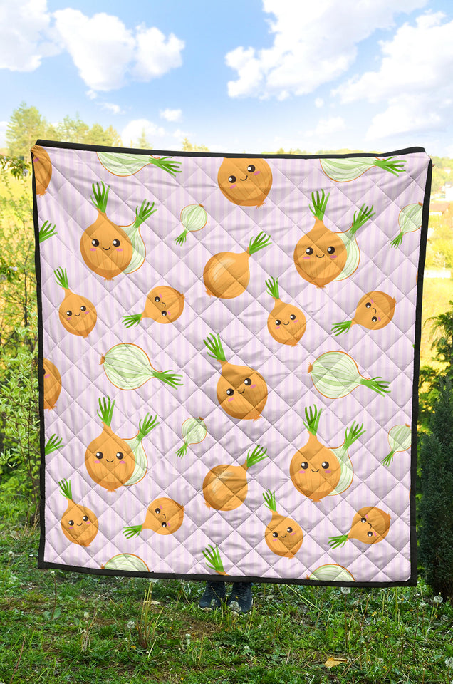 Cute Onions Smiling Faces Purple Background Premium Quilt