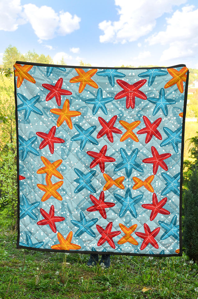 Blue Red Orange Starfish Pattern Premium Quilt