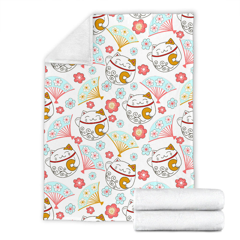 Maneki Neko Lucky Cat Fan Sakura Premium Blanket