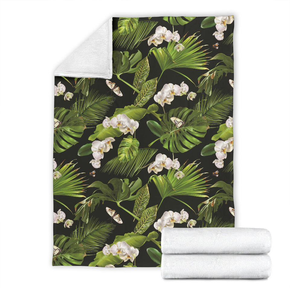 White Orchid Flower Tropical Leaves Pattern Blackground Premium Blanket