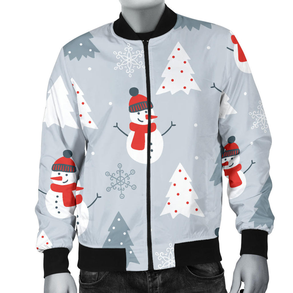 Snowman Christmas  Tree Snow Gray Background Men'S Bomber Jacket