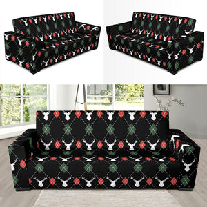 Deer Christmas New Year Pattern Argyle Sofa Slipcover